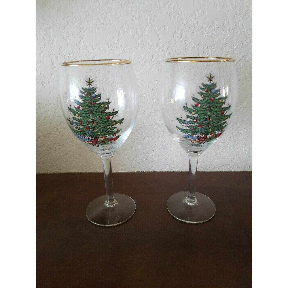 2 Spode 8.5" Christmas Tree Water Goblets Gold‎ Rims Glasses Pedestal 16 oz